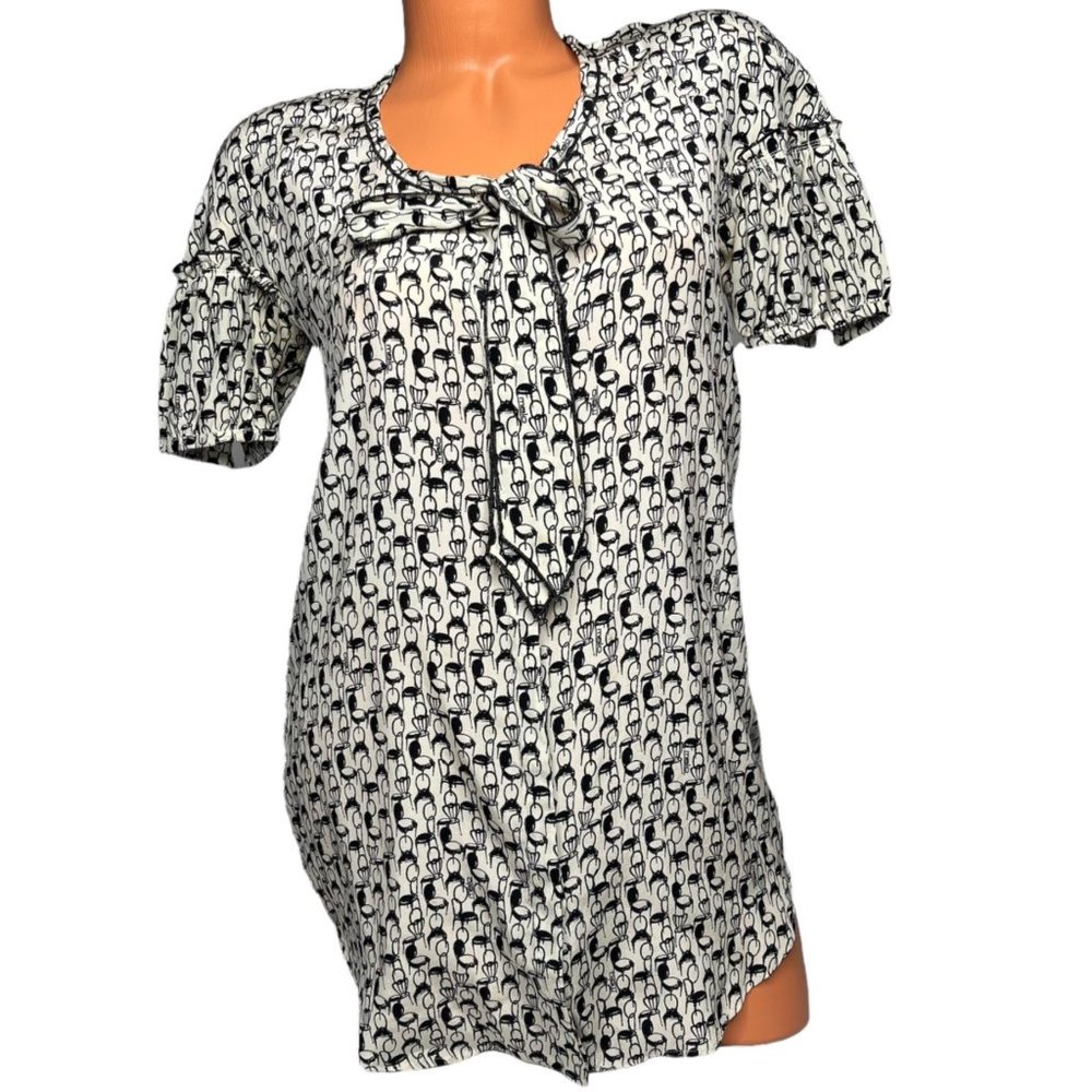 Malo Blouse Womens White Blue Chair Printed Short Sleeve Tie Neck Top Size S